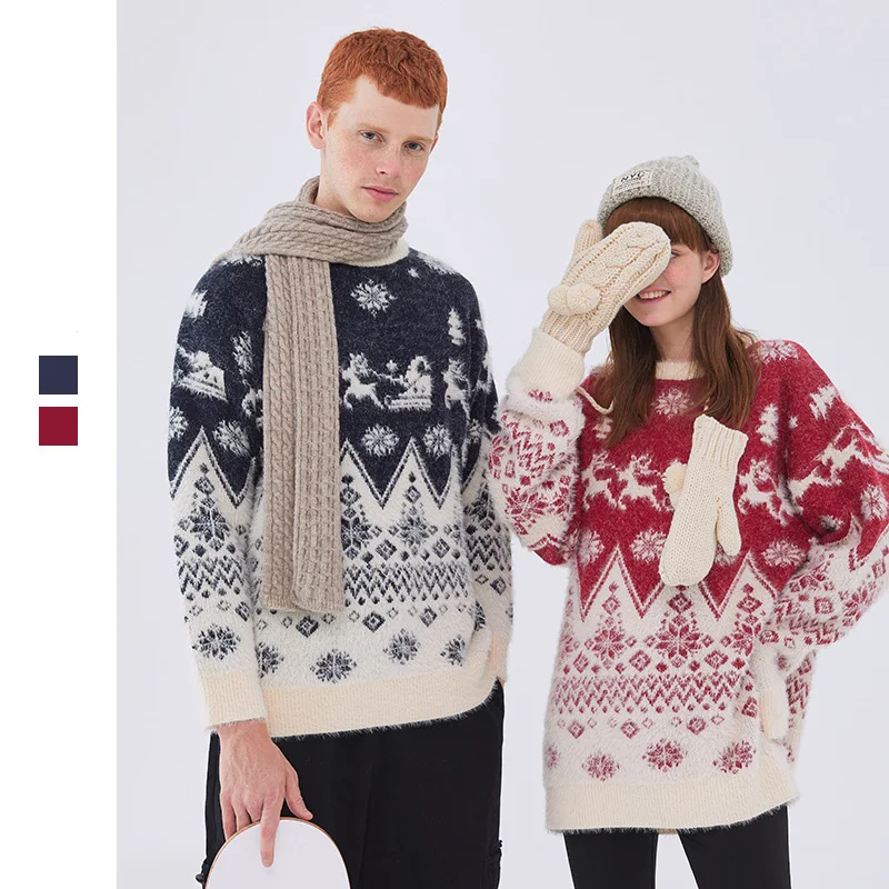 

Loose Casual Couples Sweater Pullover Long Sleeve Korean Christmas Cartoon Pattern Sweater Men And Women