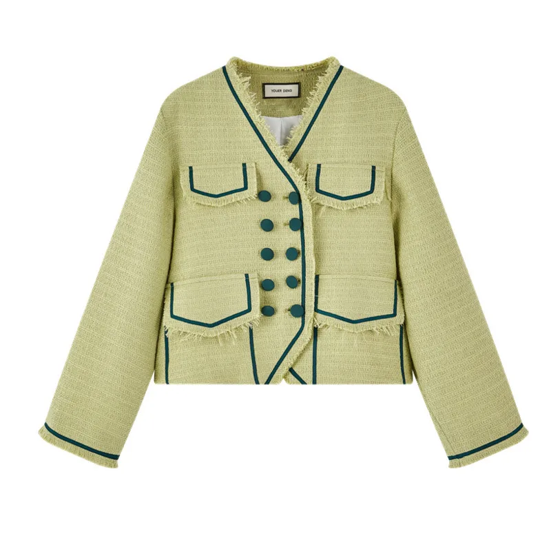 

LANMREM 2021 New Summer Green Double Breasted Coat Contrast Knitting Top Temperament Loose Fit Jacket Fashion Tide Women 2D1760