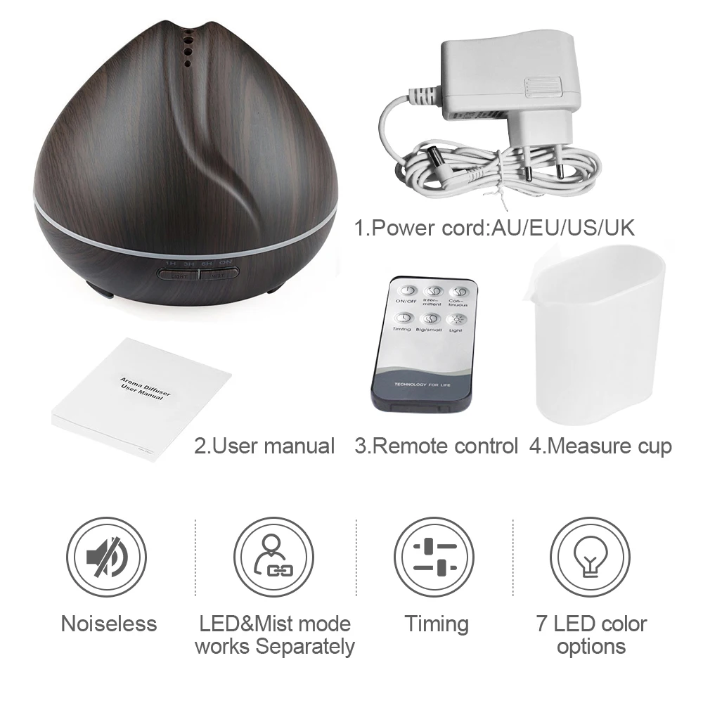 

400ml Remote Control Aroma Essential Oil Diffuser Ultrasonic Air Humidifier with Wood Grain LED Lights for Office Home