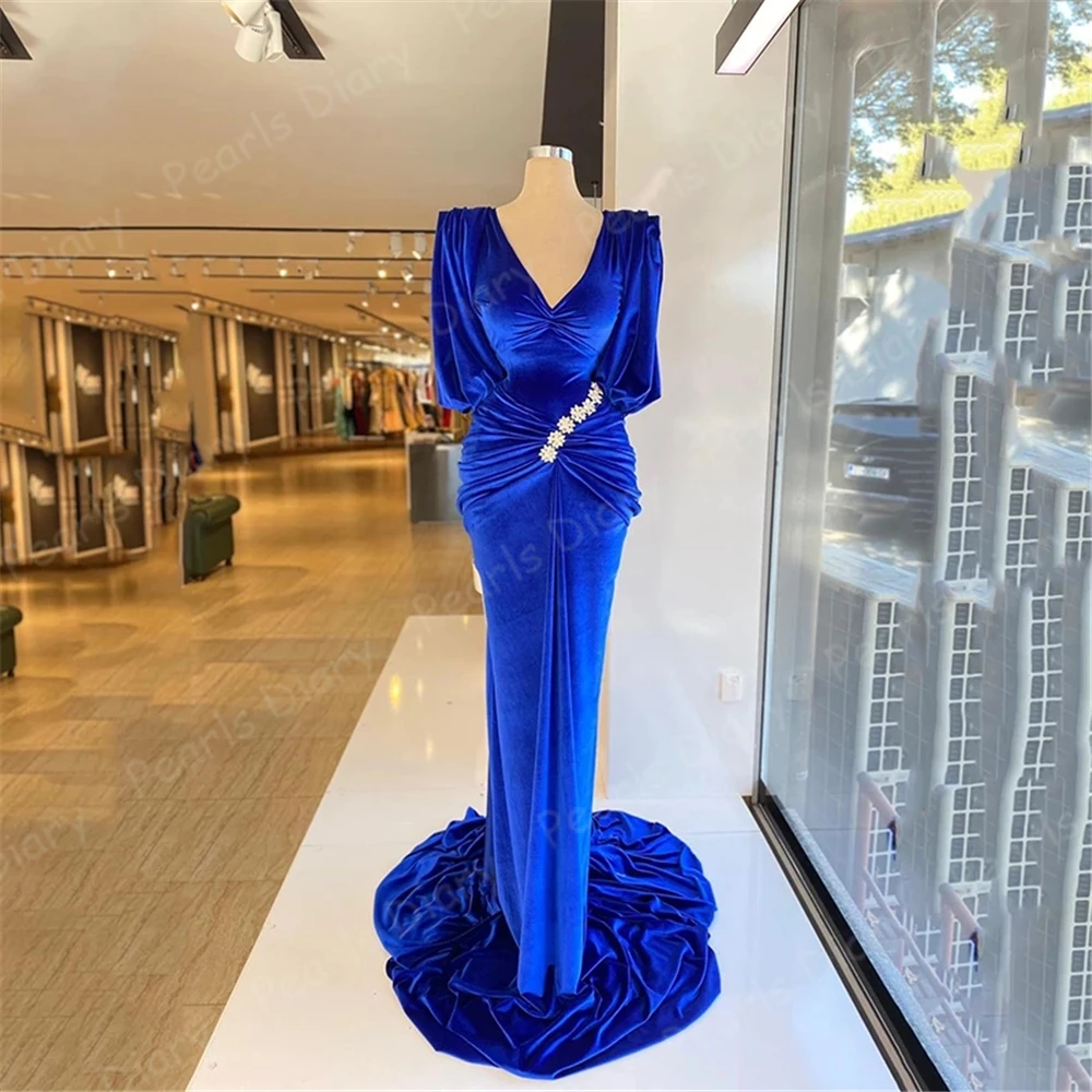 

Арабские королевские синие мягкие бархатные вечерние платья с V-образным вырезом, Марокканское платье кафтан для выпускного вечера, длинны...