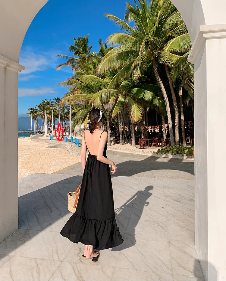

Dresses for Women 2021 New Seaside Holiday Beach Suspenders Black Dress Sleeveless Sexy Backless Ruffle Midi Long Dress Female