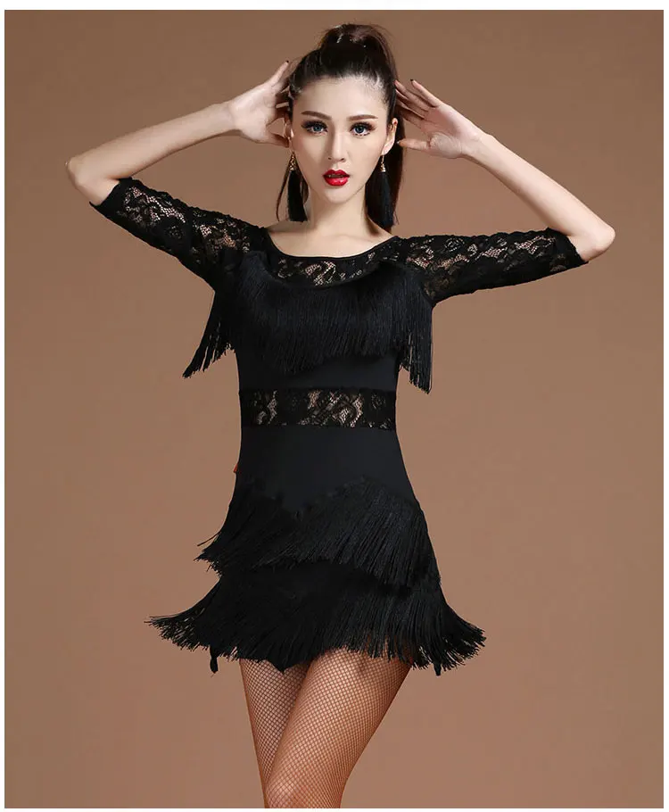 Новое кружевное платье с кисточками короткими рукавами для латинских танцев