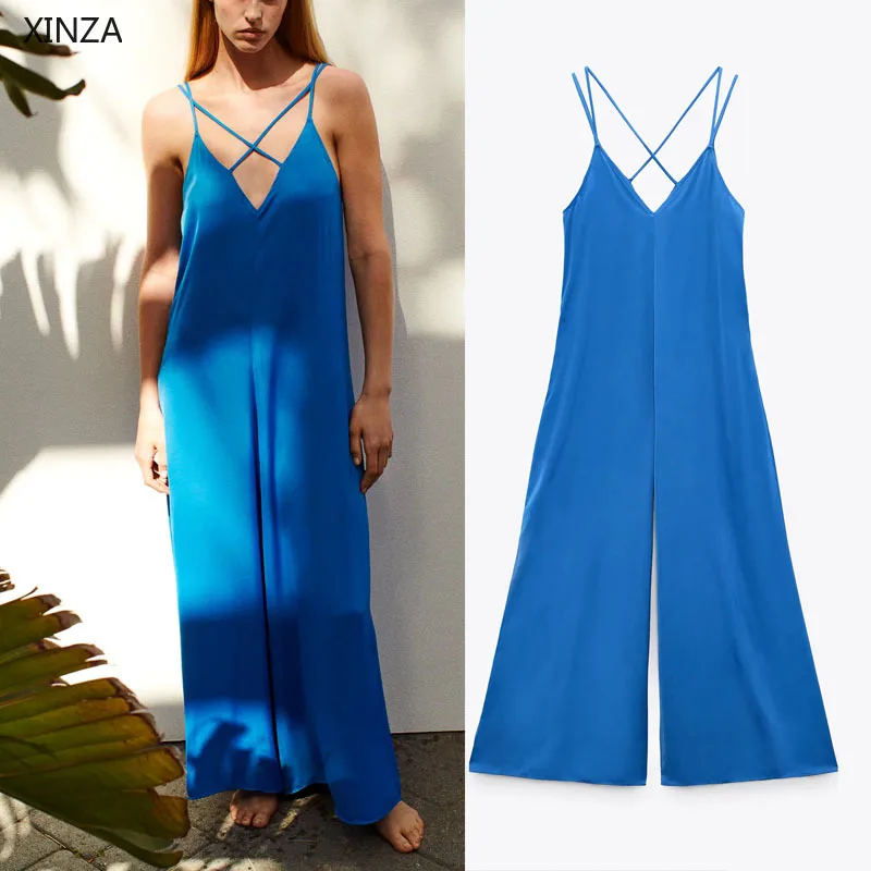 

Женский атласный комбинезон без рукавов Za, Синий Свободный комбинезон на бретелях-спагетти с открытой спиной, большие размеры, лето 2021