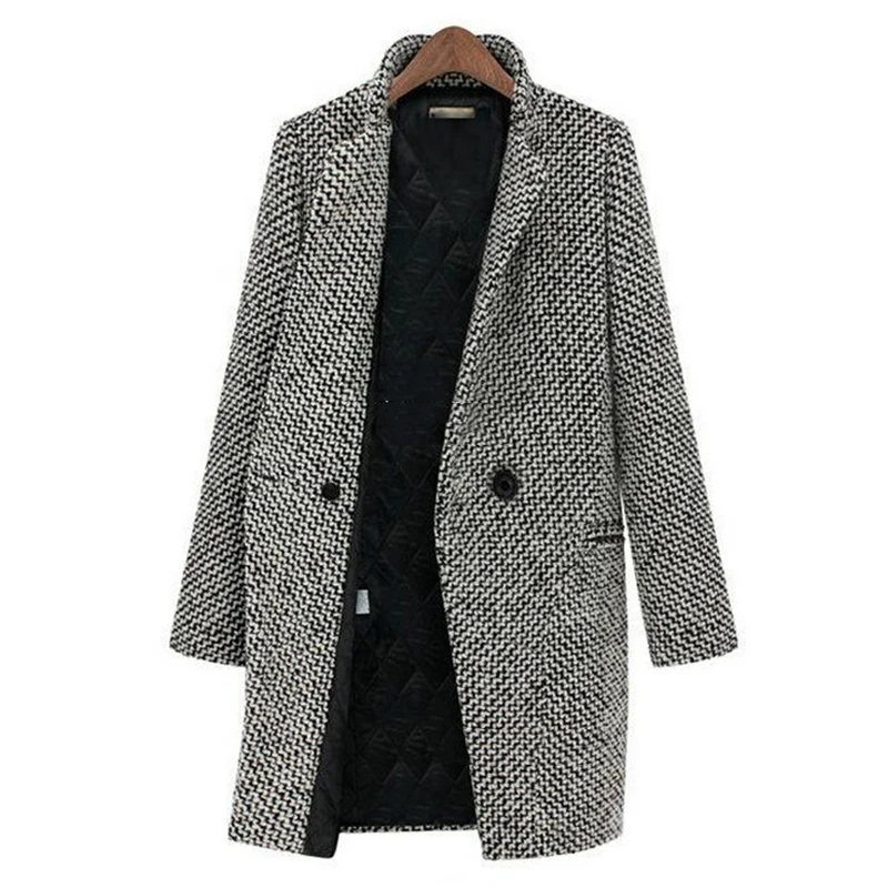 

Winter Women Houndstooth Woolen Coats Single Breasted Stand Collar Mid Long Overcoat Thick Warm Elegant Lady Blends
