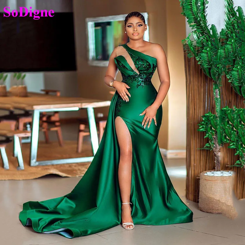 SoDigne Plus Size Evening Dresses One Shoulder High Side Split Sequins Mermaid Prom Dress Satin Formal Gown Custom Made  - buy with discount