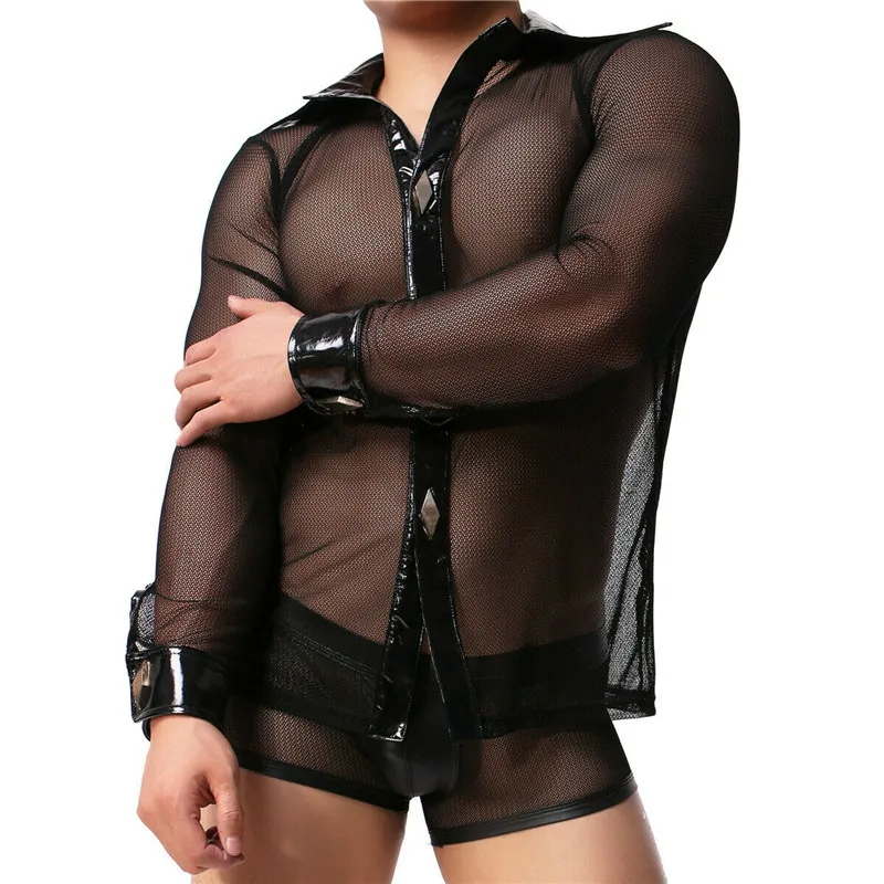 Мужской комплект одежды сексуальная прозрачная рубашка с длинным рукавом