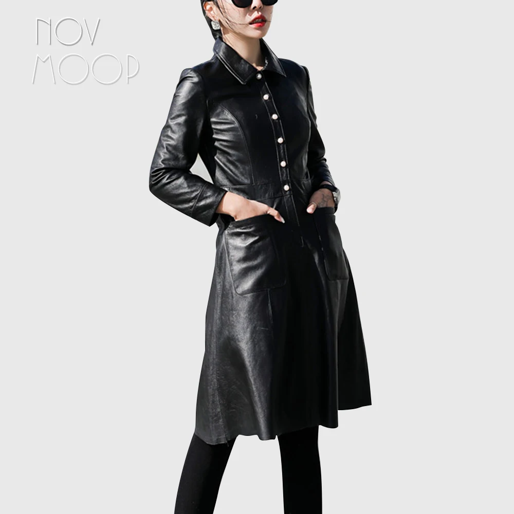 

Novmoop genuine leather women shirt dress sheepskin french feminine style elegant boyish lady LT3363