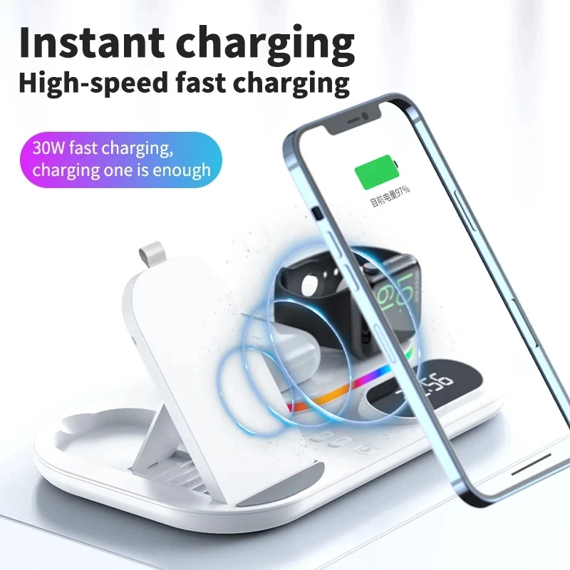 

Type-c Input Interface Wireless Charging Station With Digital Clock Fast Wireless Charger Wireless Charger 4 In 1