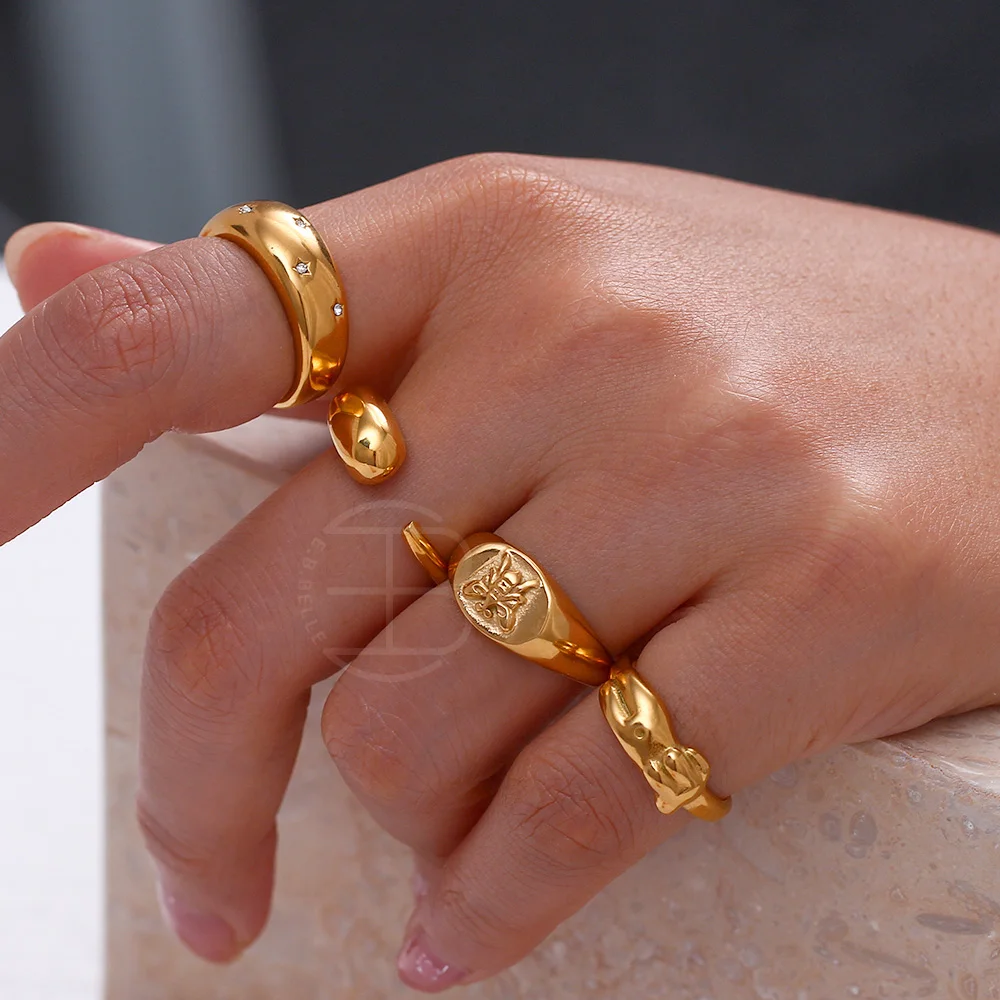 

New Gold Rings Collection Tarnish Free Stainless Steel 18K Gold Plated 3A CZ Paved Asymmetric Star Bee Body Ring For Women