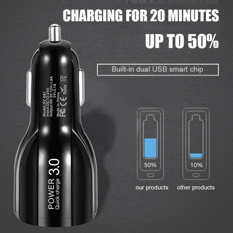 Приседать Quick Charge 3 0 Зарядное устройство QC 5V 9V 12V Dual USB Автомобильное зарядное