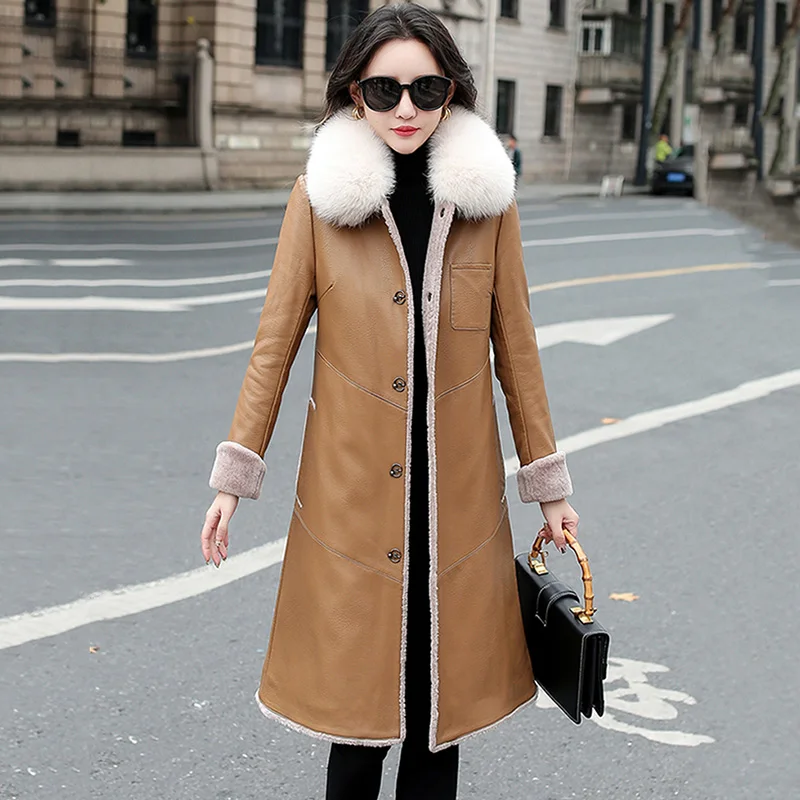 New Women Leather Coat Autumn Winter 2022 Real Fox Fur Collar Double-faced Fur Down Liner Sheepskin Coat Thick Leather Jacket