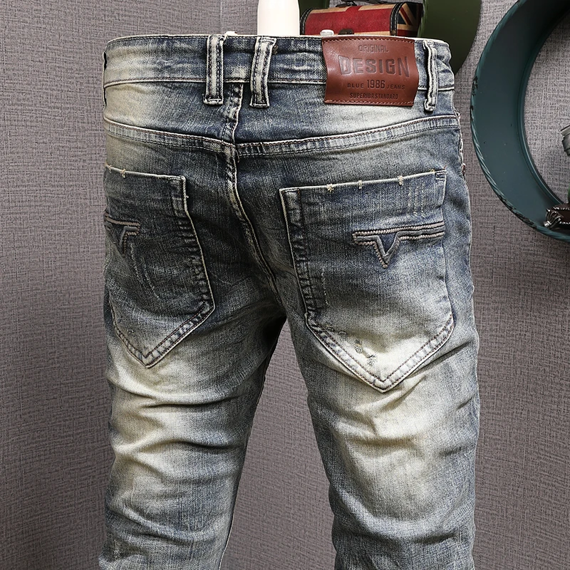 European Street Style Fashion Men Jeans Retro Blue Elastic Slim Ripped Jeans Men Patchwork Vintage Designer Casual Denim Pants