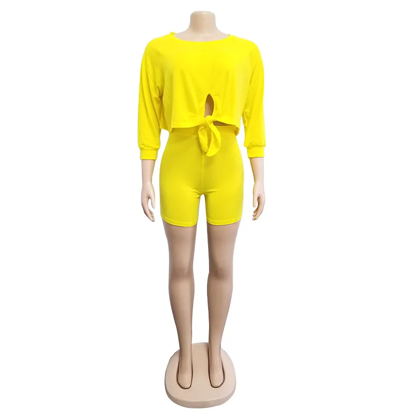 

Two Piece Set Top and Shorts Summer 2020 2 Piece Set Women Crop Top and Shorts Black Yellow Green Pink Orange Casual Bandage Top