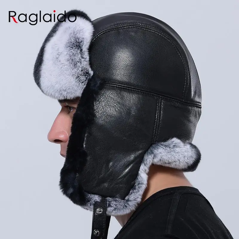 

Winter Bomber Hat Men Ushanka Thick Warm Russia Rabbit Fur Trapper Ear Hat