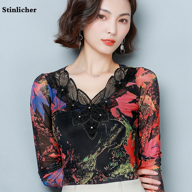

Женская шифоновая блузка, винтажная рубашка с длинным рукавом и цветочным принтом, кружевная, с V-образным вырезом, 2020