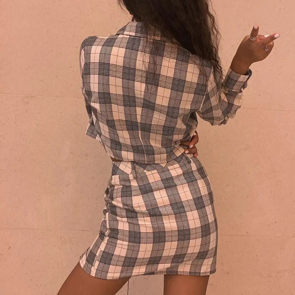Women Fashion Plaid Blazer Skirt Suit Casual 2019 Autumn Winter Short Jacket Business Skirts Set Office Clothes | Женская одежда