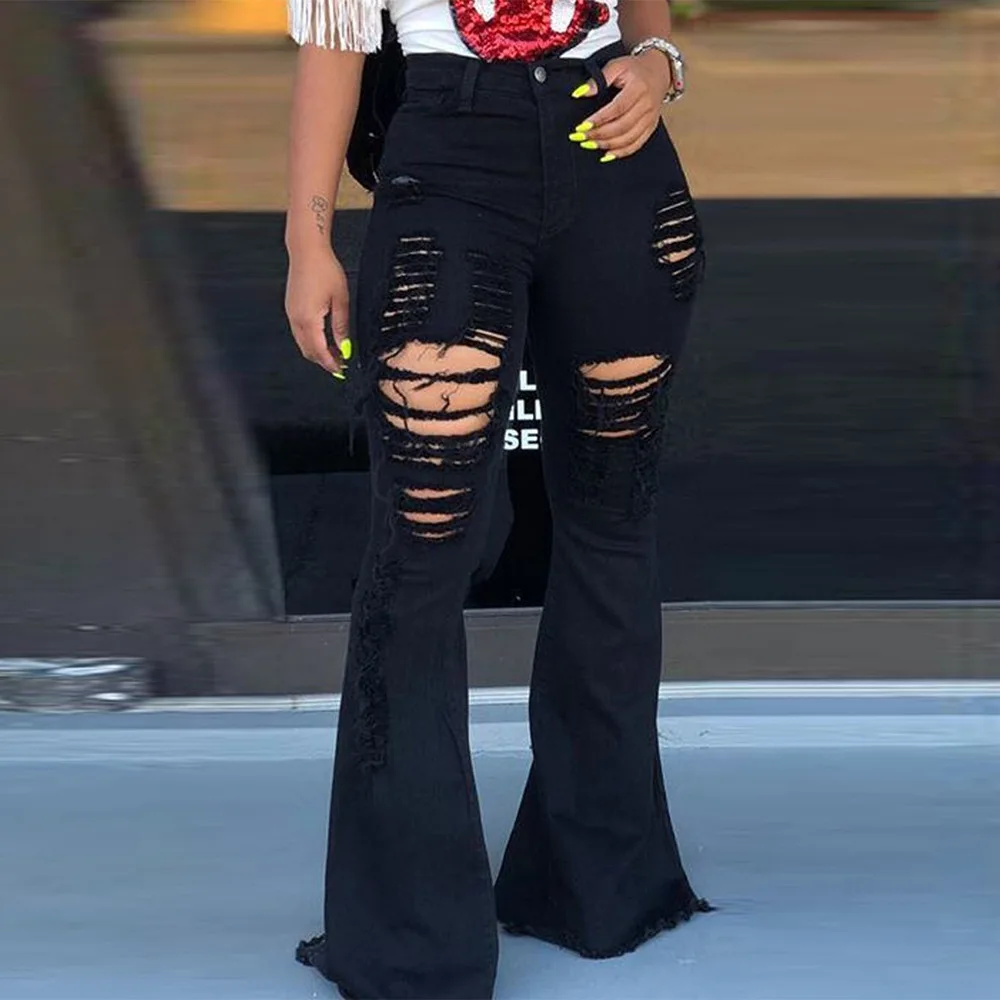 Женские джинсы с высокой талией расклешенные джинсы-бойфренды рваные Calca женские
