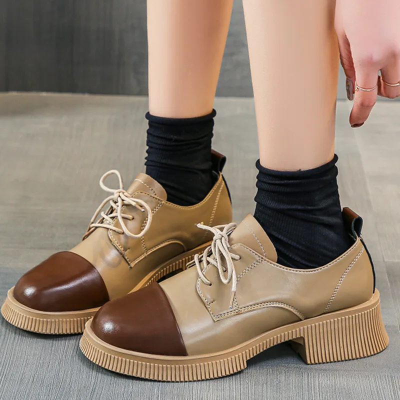 

Туфли женские с круглым носком, универсальные оксфорды на платформе, плоская подошва, классические криперы, элегантный стиль, кожаная обувь...