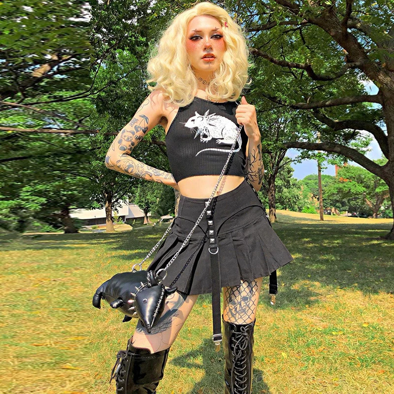 

Harajuku Punk Gothic Black High Waist Skirts Women Sexy Zipper Rivet Pleated Mini Skirt 90s Fairycore Female Streetwear