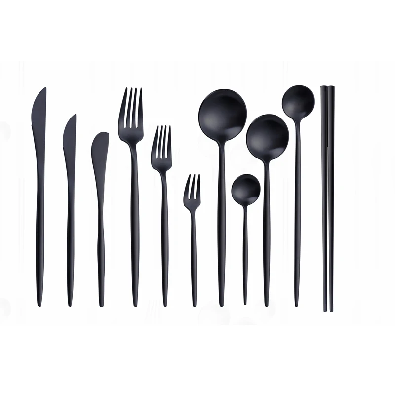 

Complete Black Dinnerware Set Matte Black Tableware Stainless Steel Cutlery Set Forks Knives Spoons Chopsticks Cutlery Set