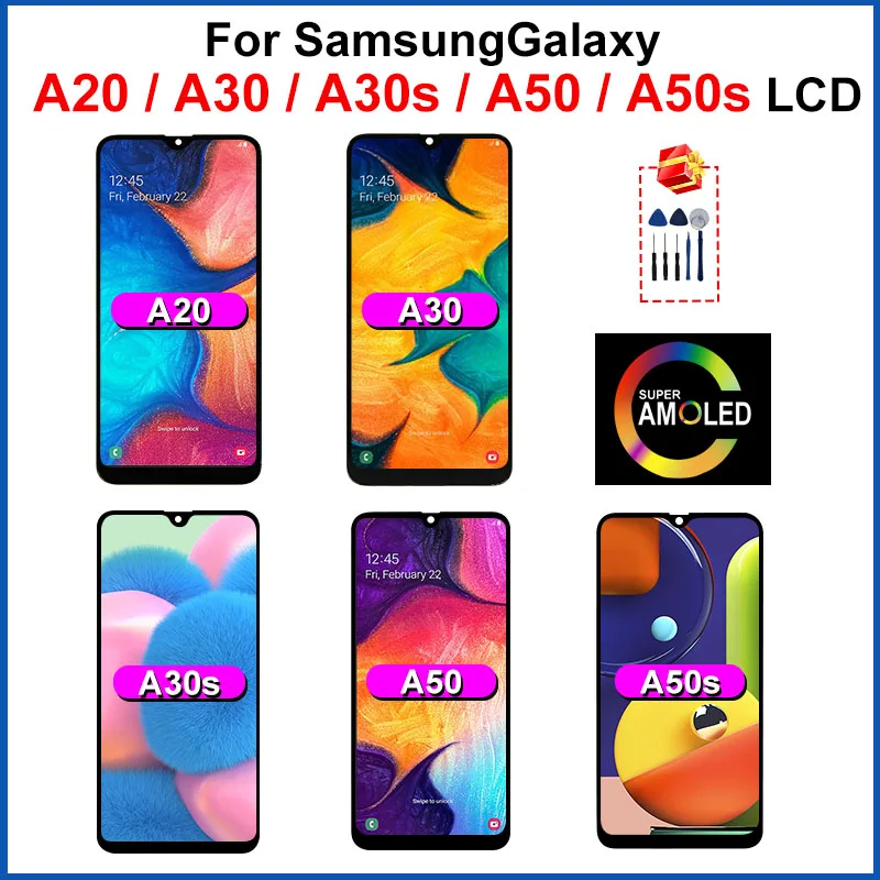 AMOLED For Samsung Galaxy A20 LCD A30 Display A50 LCD A50S A30S Screen For A205F A305F A307F A505F A507F Touch Screen Digitizer
