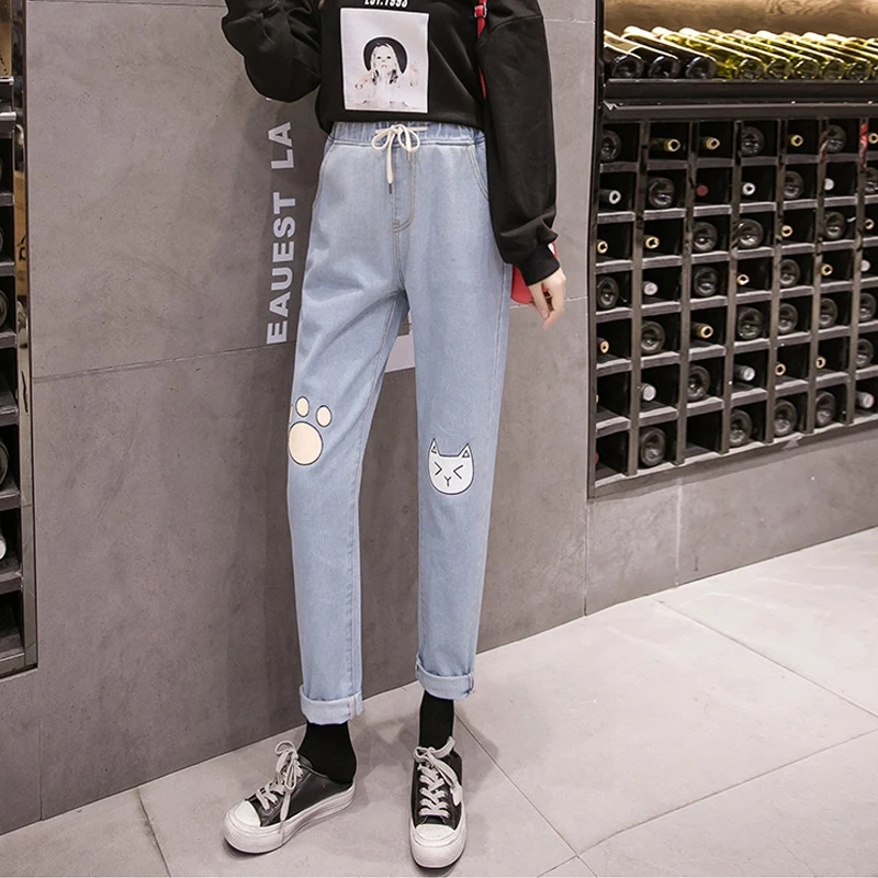 

Женские джинсы с мультяшным рисунком, Осень-зима 2020, свободные длинные джинсовые брюки с завышенной талией и рисунком кота, Harlan размера плюс...