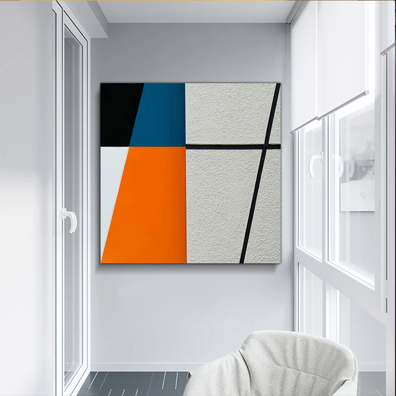 

Simple Orange Blue Mosaic Color Contrast Geometry Canvas Painting with Frame, Modern Rectangular Poster with Frame, Mural, Wall