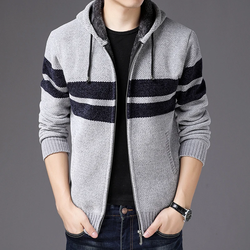 Мужской трикотажный кардиган с капюшоном плюшевый на молнии шерстяной подкладка