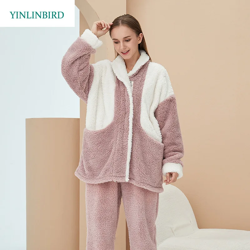 Flannel Thickened Plus Velvet Home Service Cardigan Home Service Suit Women's Pajamas Autumn and Winter Set пижама женская