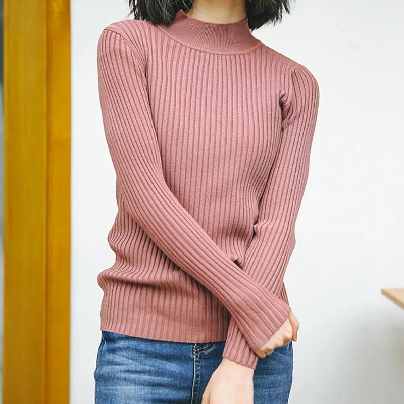 

Knited Sweaters Women New Autumn Winter Half Mock Neck Solid Basic Slim Knitwear Femme Long Sleeve Casual Ribbed Pullover Female