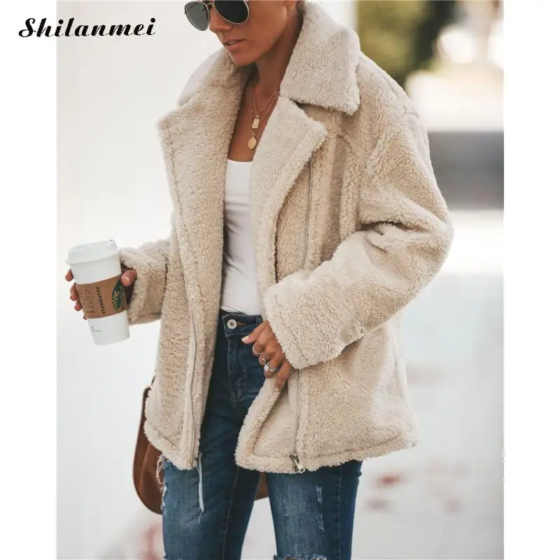 

Женское флисовое пальто из искусственного меха 2019, зимнее меховое пальто с отворотом в стиле High Street, куртка из овечьей шерсти на молнии, Повс...