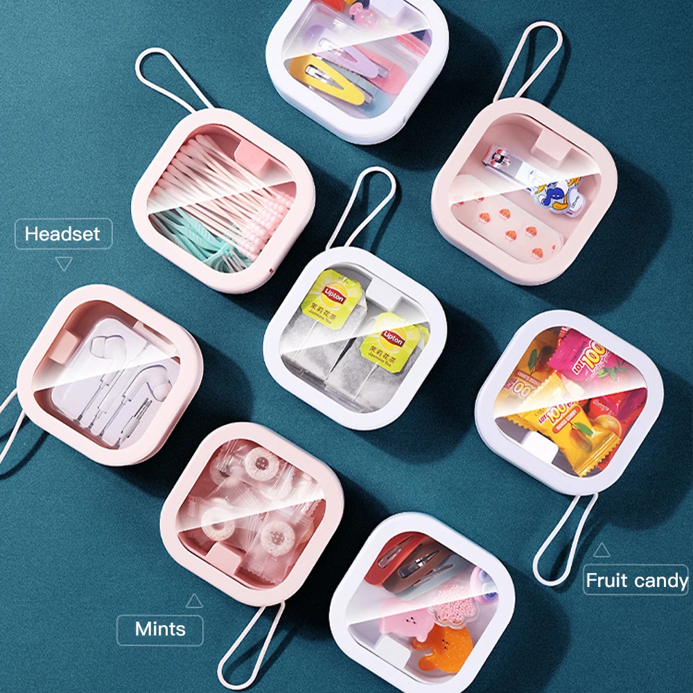 

Portable Storage Box Pocket Organizer Travel Case with Tether Candy Hairpin Cotton Swab Tea Pill Hidden Push Switch with Handle