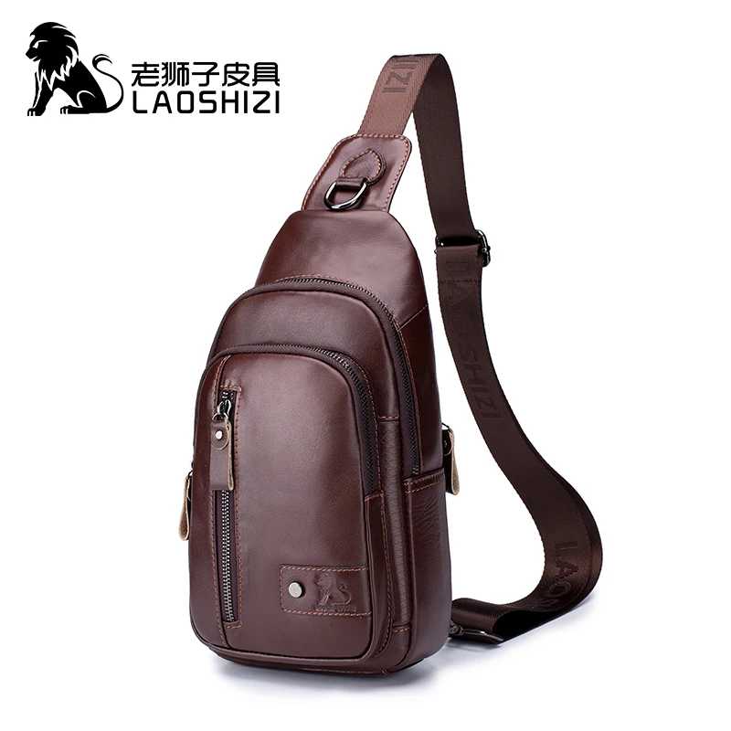 Мужская нагрудная сумка LAOSHIZI из натуральной коровьей кожи для молодых людей