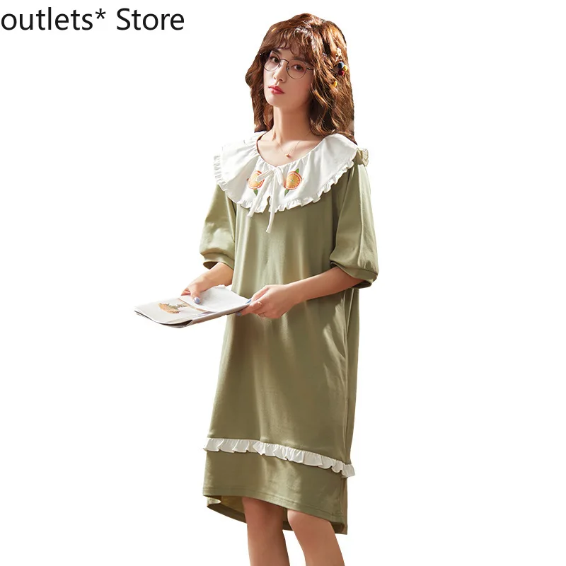 

Nightdress Female Summer Cotton Short-sleeved Loose Mid-length Skirt Sweet and Cute Fresh Student Nightdress