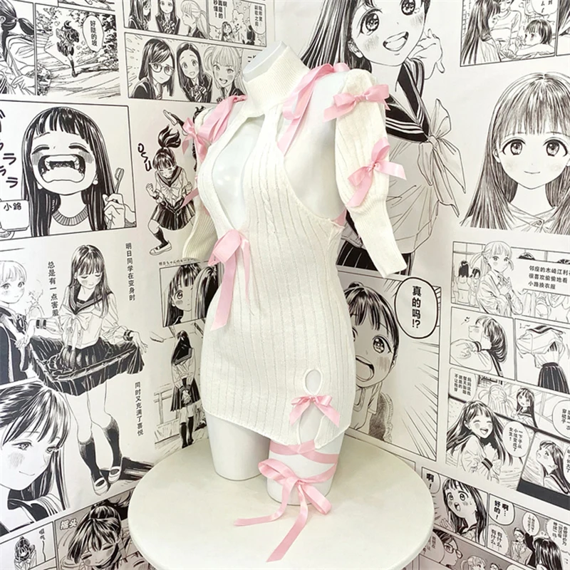 Женский вязаный свитер-водолазка с открытой спиной и розовым бантом - купить по