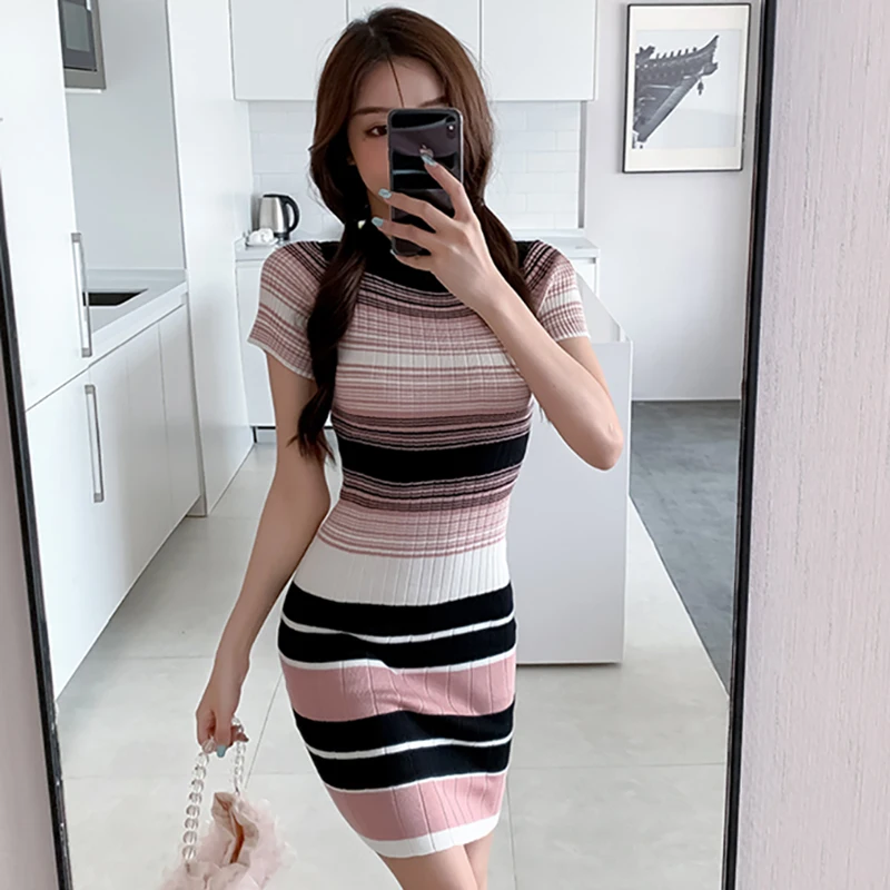 

Корейская летняя модная новинка Женская облегающая короткая юбка с запахом на бедрах и трикотажное платье в полоску