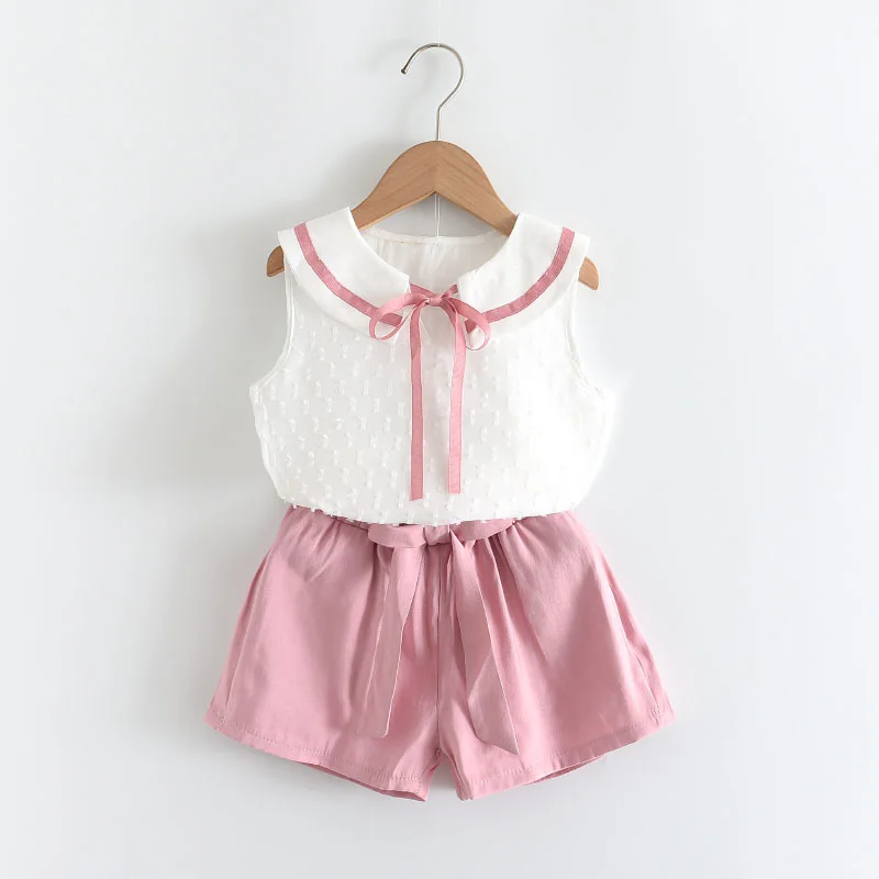 

Girls Sets 2021 Summer New Children's Wear Cute Girl Bow Doll Collar Sleeveless Shirt + Chiffon Loose Tie Shorts 2pcs Girl Set