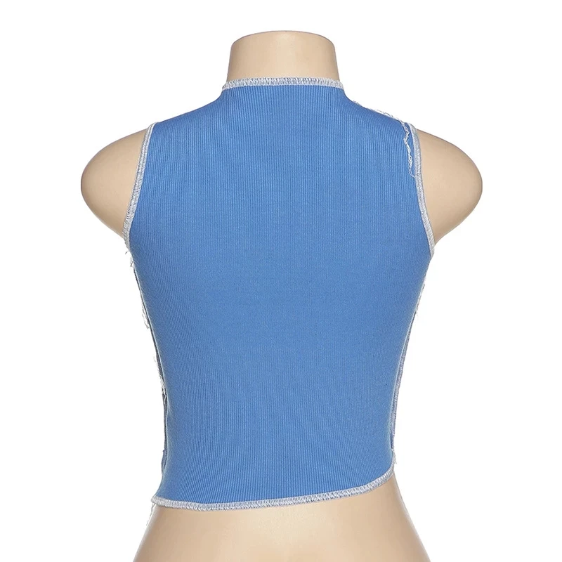 

Sexy Hollow Out Drawstring Bandage Ribbed Tank Tops Sleeveless Low-neck Stretchy Patchwork Fashion Clubwear Outfit