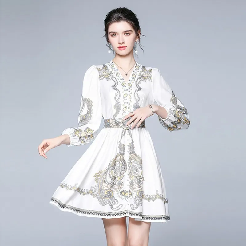 

Осень 2021, модное классическое белое однобортное платье в стиле ретро с принтом, V-образным вырезом и длинными рукавами, Повседневное платье ...