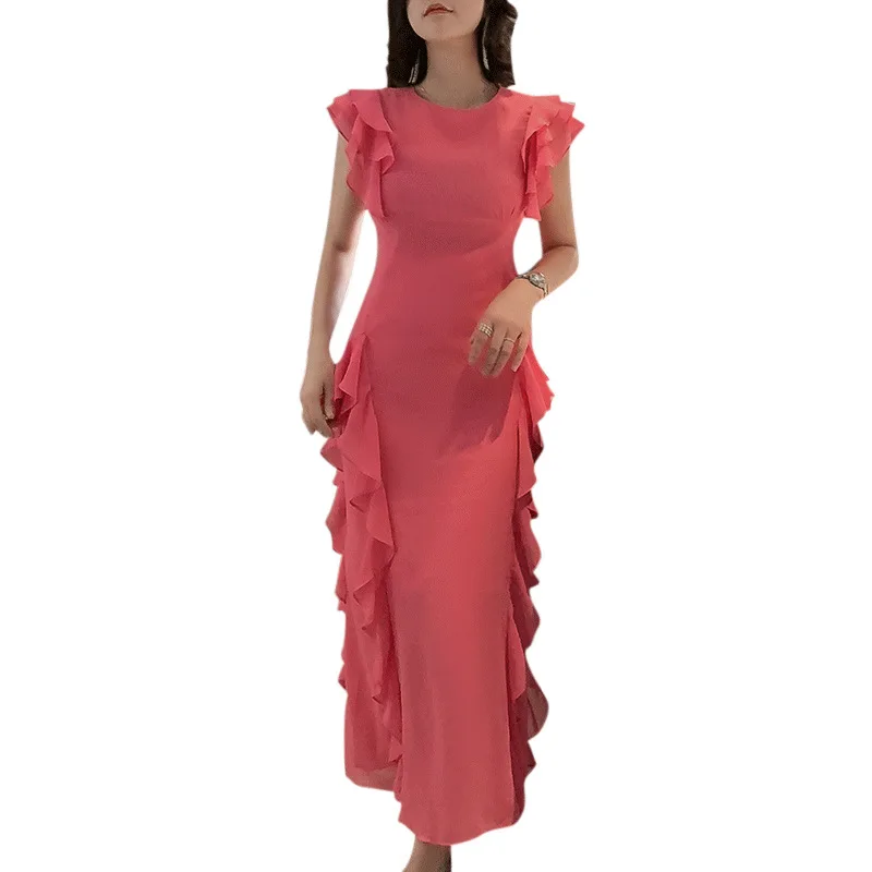 

Ruffle dress 2021 summer new women's casual Korean round neck chiffon slim fishtail dress female temperament long skirt