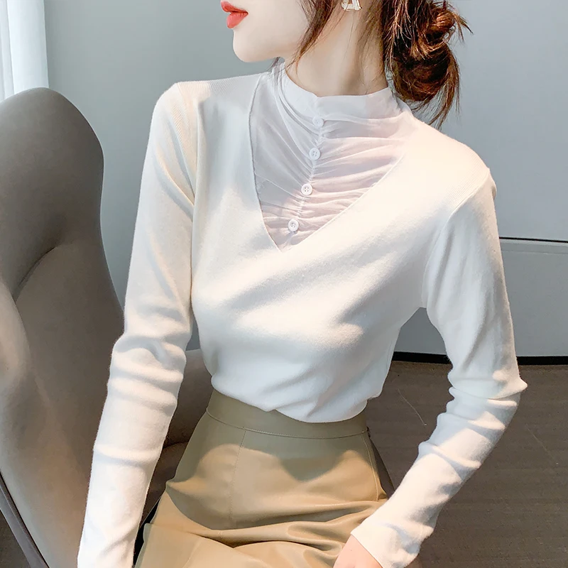 

New Elegant Fashion Women Autumn/Winter Knitwear Mesh Patchwork pile collar top slim-fit sweater bottoming shirt