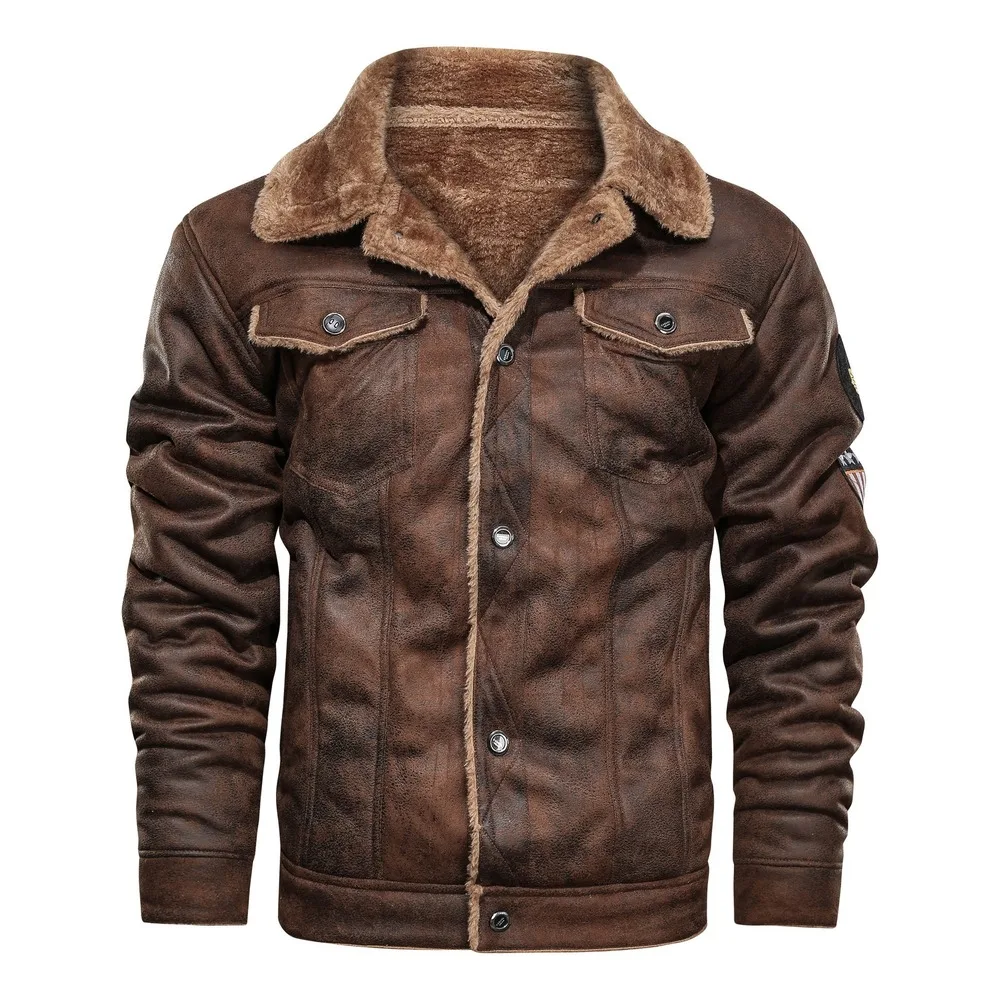 

Vintage Leather Jacket Men Suede Leather Jacket Fleece Lined Thick and Warm Coat Streetwear Casacas Para Hombre Turndown Collar