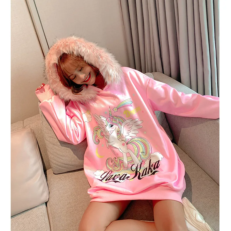 2020 весенние плотные толстовки с меховым воротником модные женские мультяшным