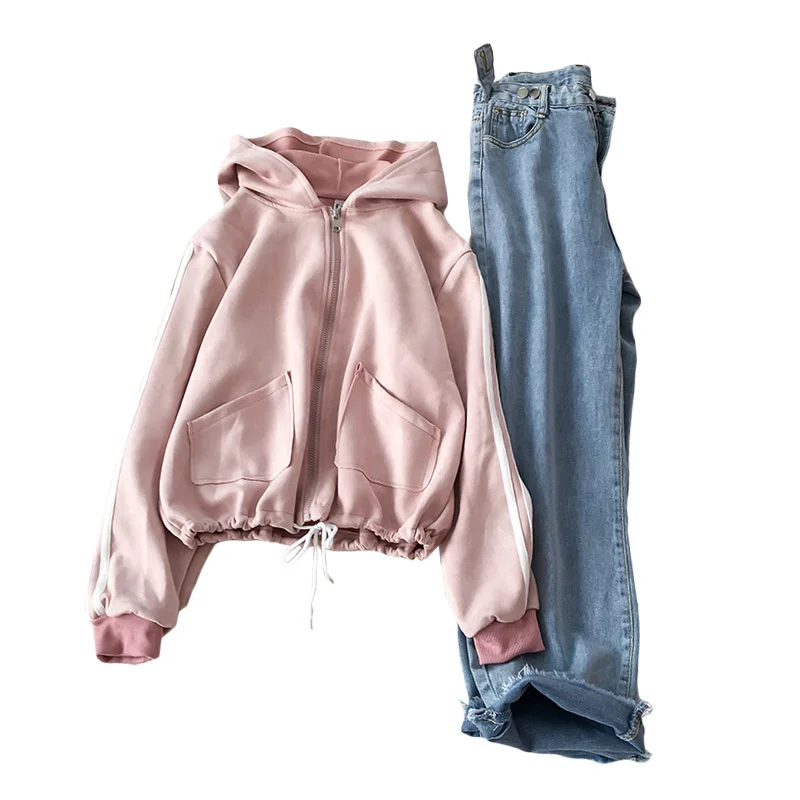 2021 Autumn Spring New Hooded Pink Sweatshirt Female Hong Kong Style Wide-Leg Jeans Trendy Two-Piece SuitRachel | Женская одежда