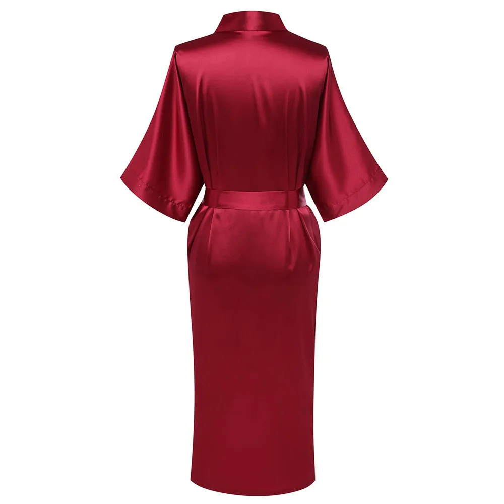 Женский Атласный халат кимоно Длинная атласная пижама бордового цвета с