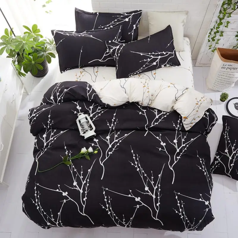 

57 3/4pcs/set Quality Comfortable Pink Black Printing Home Bedding Set Bed Linings Duvet Cover + Flat Bed Sheet + Pillowcases