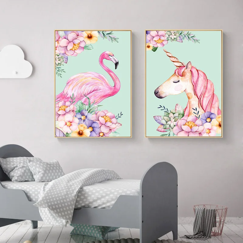 

Flamingo Unicorn Flower Nordic Poster Canvas Painting Nursery Art Posters Prints for Kids Room Home Decor Nordic Wall Pictures