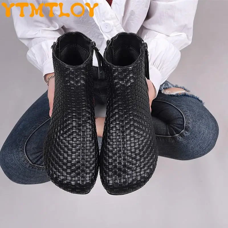 

Женские ботинки на плоской подошве, осенние ботинки-мартинсы, плетеная обувь для мам, ботинки без каблука, одноботинки в стиле ретро, мягкие ...