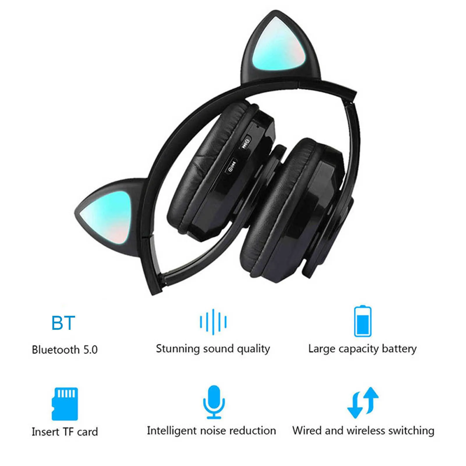 

P39M Cat Ear Bluetooth 5.0 Wireless Headset Headphone with LED Light Microphone
