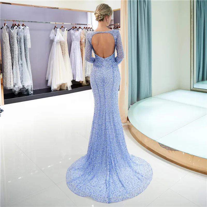 Luxury Slim Mermaid Bling Bling Women Dubai Prom Dresses Sequins Long Sleeves Women Evening Party Gowns Sexy Open Back Spring